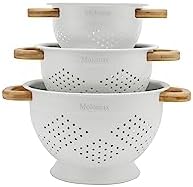 Molomax 3-Piece Metal Colander Set with Wood Handles