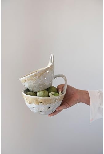 Unique Beige Stoneware Colander Set with Handles
