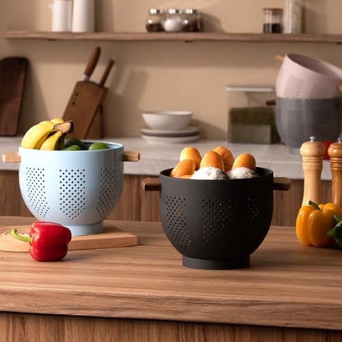 Sturdy Metal Colander with Wooden Handle for Kitchen Use