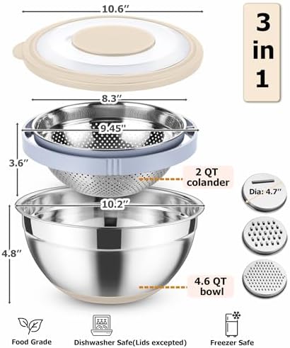 TeamFar Colander Set with Mixing Bowl Stainless Steel Grater Attachments Khaki