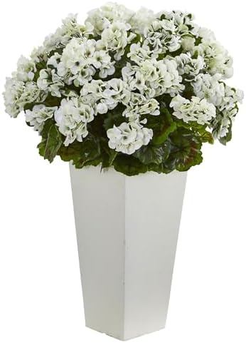 Nearly Natural Artificial White UV Resistant Geranium Plant Planter