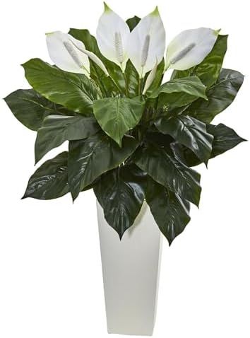 3 Ft Spathiphyllum Nearly Natural White Tower Planter