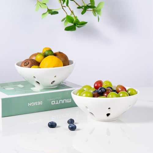 Ceramic Round Berry Basket Set of 2 with Drain Hole 58 White