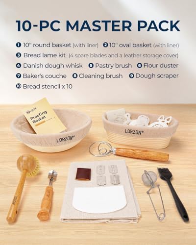 Lorzon Banneton Proofing Basket Set - 2pc 10-Inch Round Oval Cane Breads