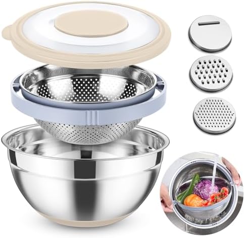 TeamFar Colander Set with Mixing Bowl Stainless Steel Grater Attachments Khaki