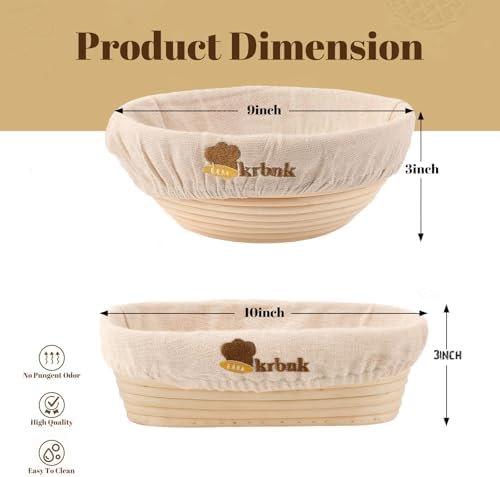 Krbnk Banneton Proofing Basket with Linen Liner 9 Round and 10 Oval