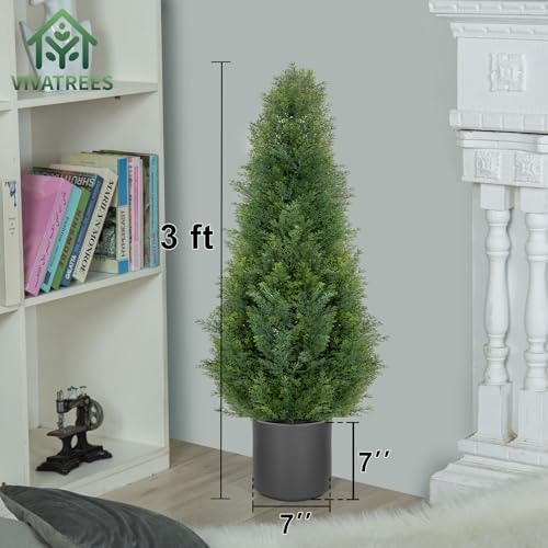 3FT Artificial Cedar Topiary Trees with Gray Planter Set of 2