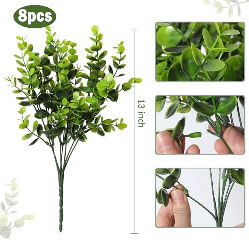 8 Bundles Artificial Boxwood Bushes Greenery for Outdoors Fake Eucalyptus