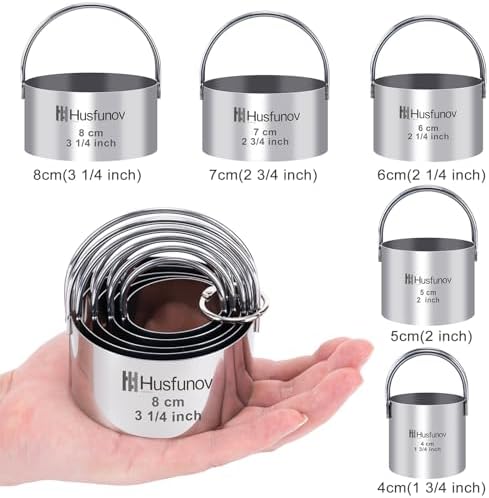 Husfunov 5-Piece Stainless Steel Round Cookie Cutters with Engraved Arched Handles