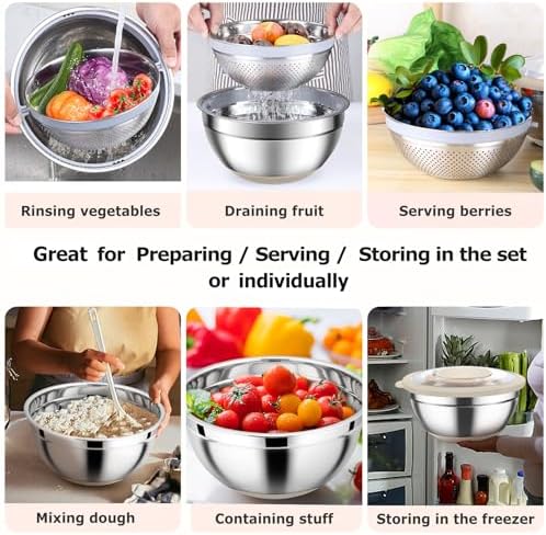 TeamFar Colander Set with Mixing Bowl Stainless Steel Grater Attachments Khaki