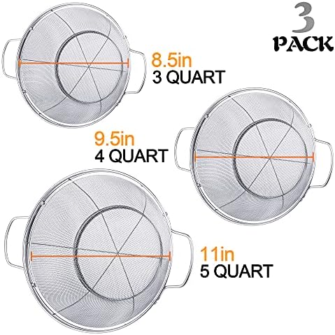 3 Pack Stainless Steel Colander Sieves 5-Quart 4-Quart and 3-Quart