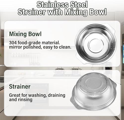 POPGRADEStainless Steel Colander 5QT Large Capacity with Mixing Bowl Dishwasher Safe