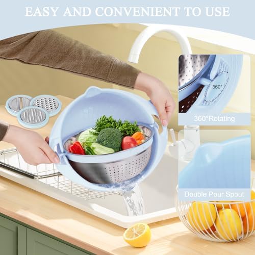 4 in 1 Colander Set with Mixing Bowl Unique Design Blue Kitchen Essential