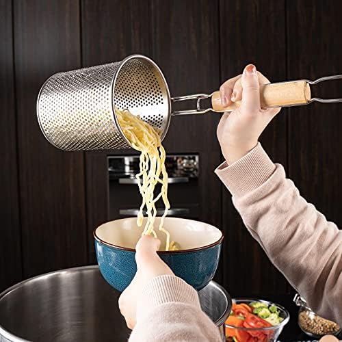 Keep Your Noodles Piped Perfectly stainless steel food strainer with handle