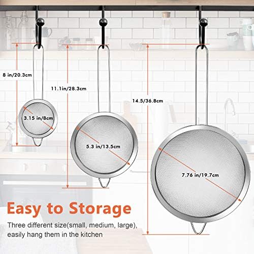 3 Pcs Stainless Steel Fine Mesh Strainer with Handle