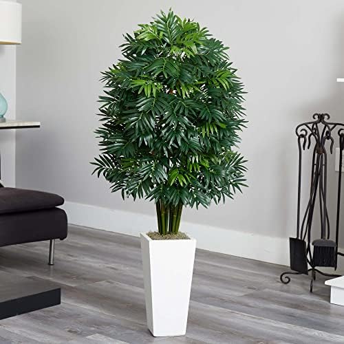 Nearly Natural - Bamboo Palm 49in Mini Artificial Plant in White Tower Planter