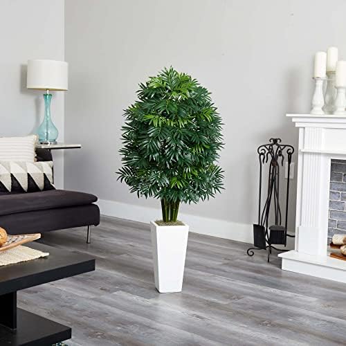 Nearly Natural - Bamboo Palm 49in Mini Artificial Plant in White Tower Planter