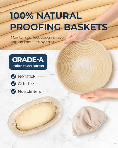 Lorzon Banneton Proofing Basket Set - 2pc 10-Inch Round Oval Cane Breads