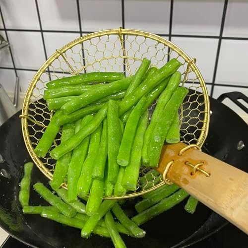 5 Round Brass Spider Strainer with Bamboo Handle