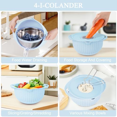 4 in 1 Colander Set with Mixing Bowl Unique Design Blue Kitchen Essential