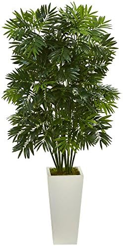 Nearly Natural - Bamboo Palm 49in Mini Artificial Plant in White Tower Planter