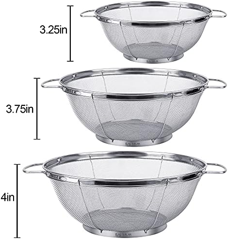 3 Pack Stainless Steel Colander Sieves 5-Quart 4-Quart and 3-Quart