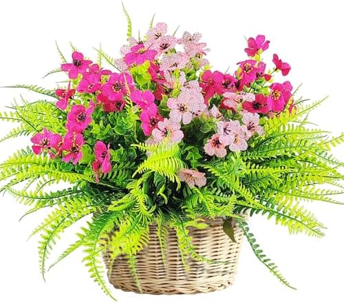 12 Pcs Artificial Boston Fern Bushes Pink UV Resistant Fake Plants