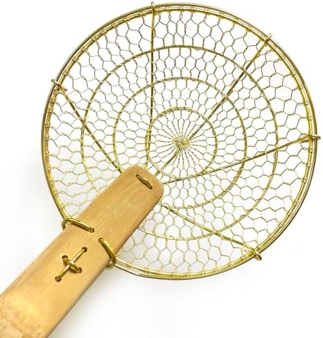 5 Round Brass Spider Strainer with Bamboo Handle