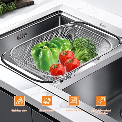 Stainless Steel Colander with Expandable Handles for Fruits and Vegetables