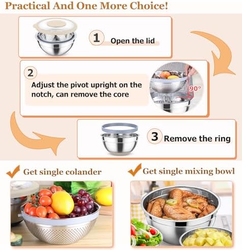 TeamFar Colander Set with Mixing Bowl Stainless Steel Grater Attachments Khaki
