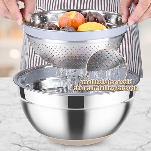 TeamFar Colander Set with Mixing Bowl Stainless Steel Grater Attachments Khaki