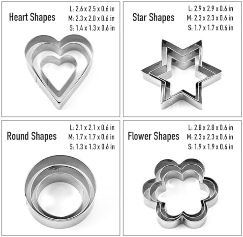 Mikim Mini Cookie Cutters Set 12pcs Heart Round Flower Star Shapes