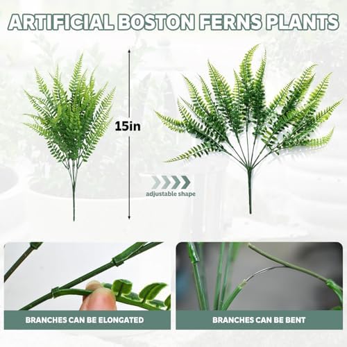 12 Pcs Artificial Boston Fern Bushes Pink UV Resistant Fake Plants