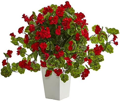 Genuine Artificial Geranium in White Tower Planter - Home Office Decor