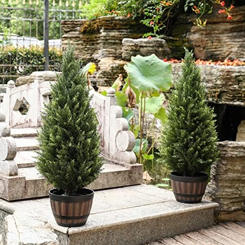 2 x 35 Artificial Cedar Outdoor Potted Shrubs Set