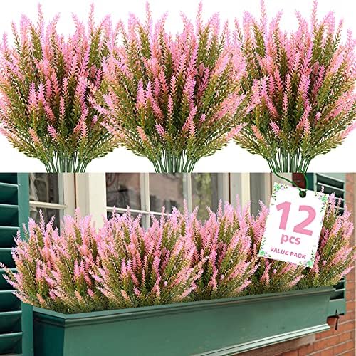 Artificial Lavender Outdoor UV-Resistant Faux Plastic Plants 12Bundles Pink