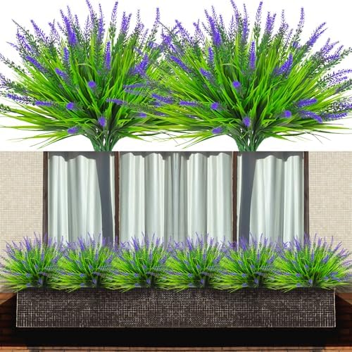 LANKAMO 10 Bundles Fake Monkey Grass Outdoor Faux Shrubs UV Resistant Purple