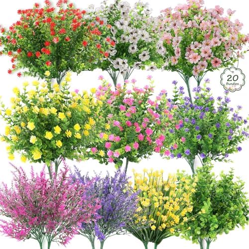 20 Bundles Fake Outdoor Flowers for Garden Decor